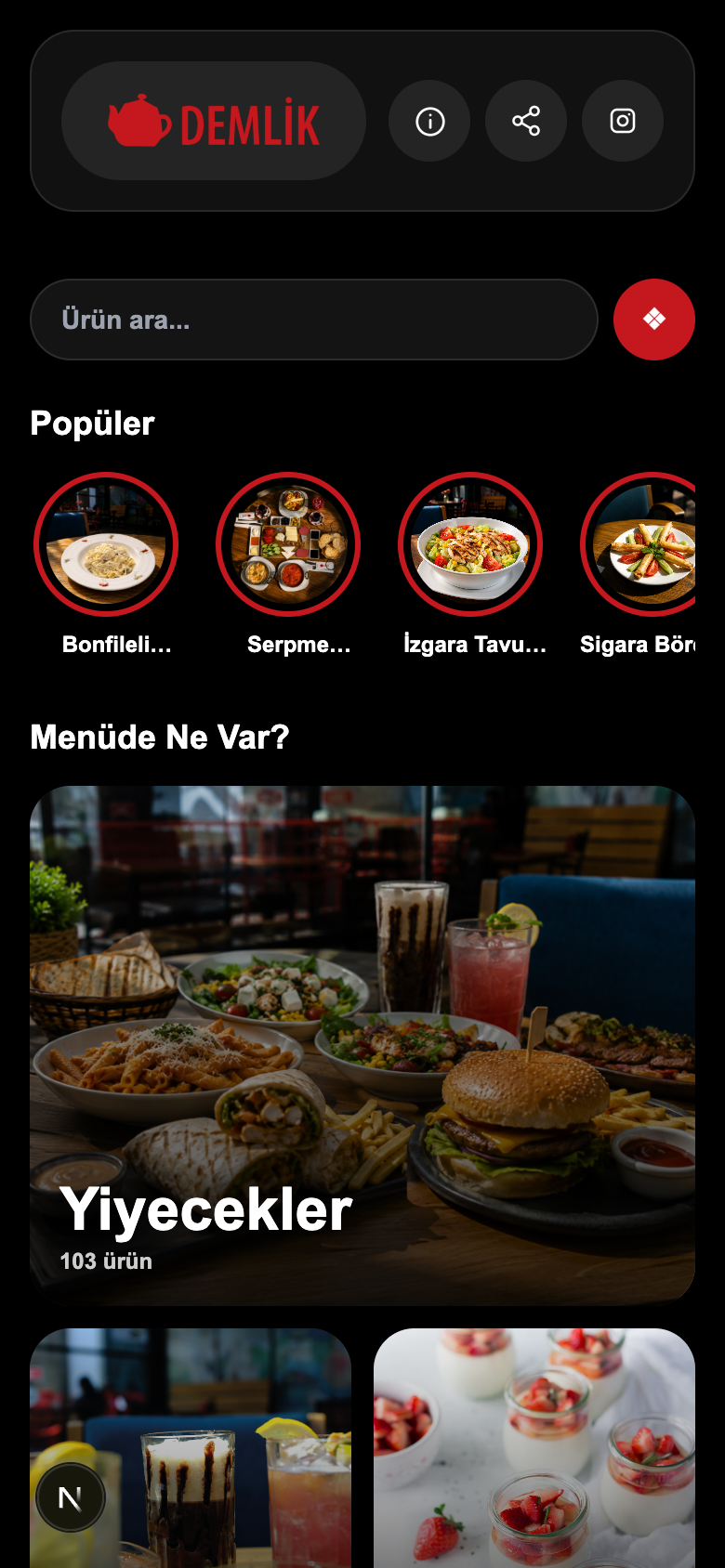 Demlik Kafe müşteri menüsü
